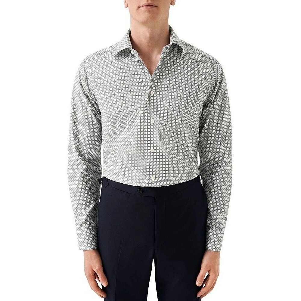 $295 NEW ETON Mens 41/16 Beige Medallion Pattern Slim Button Formal Dress Shirt